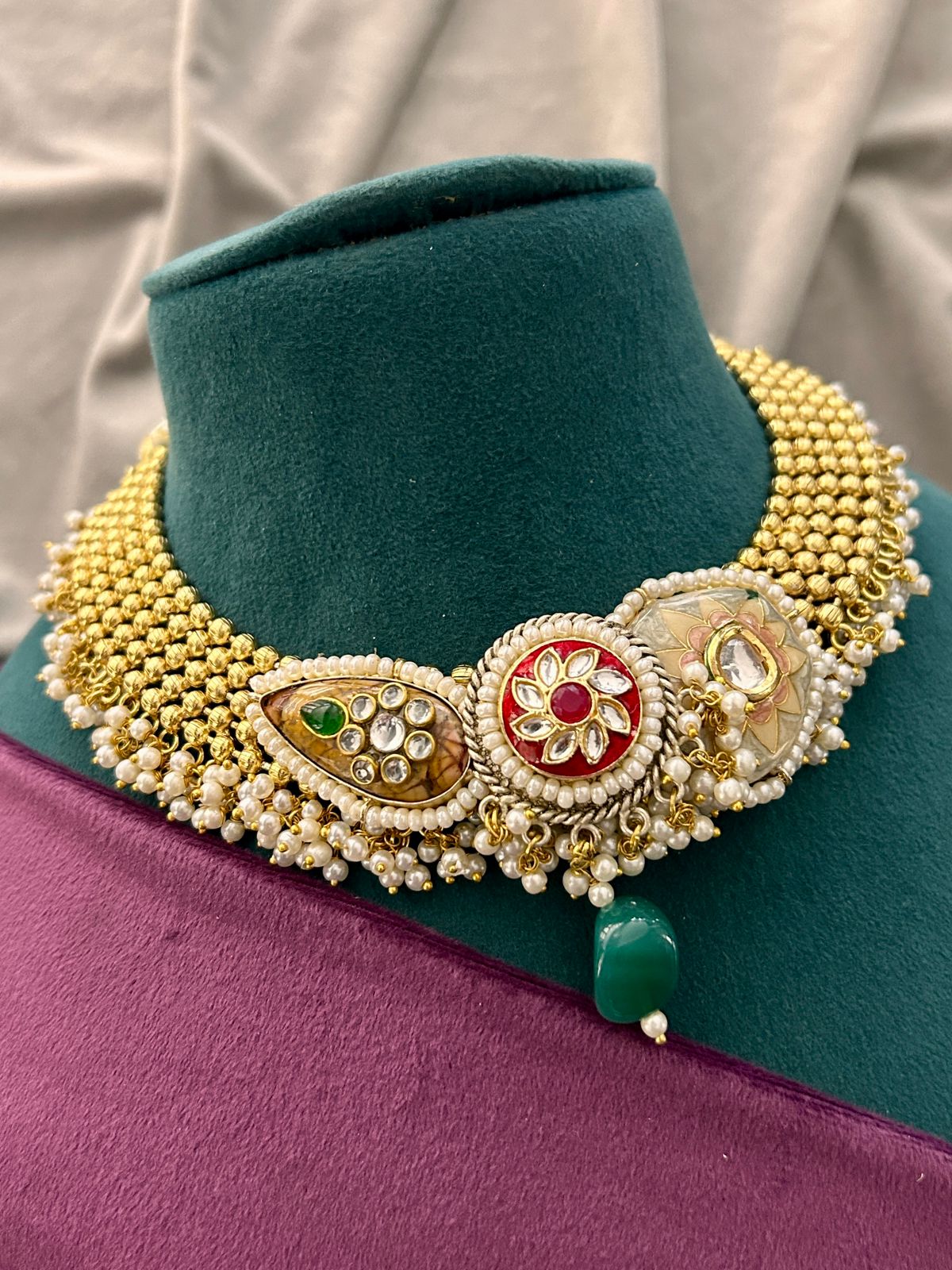 Majestic Kundan Pearl Choker Set with Red Stone Earrings